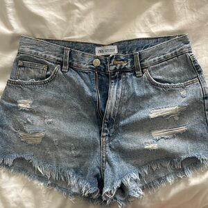 Zara Blue Jean Shorts with Distressed Frayed Hem